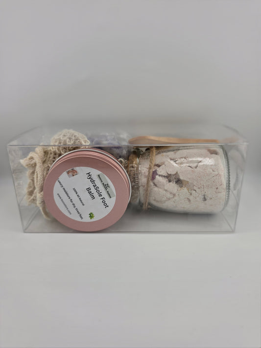 Soak, Scrub & Soothe Foot Spa Bundle – Foot Balm, Bath Salts, Soap Bar & FREE Exfoliating Sponge