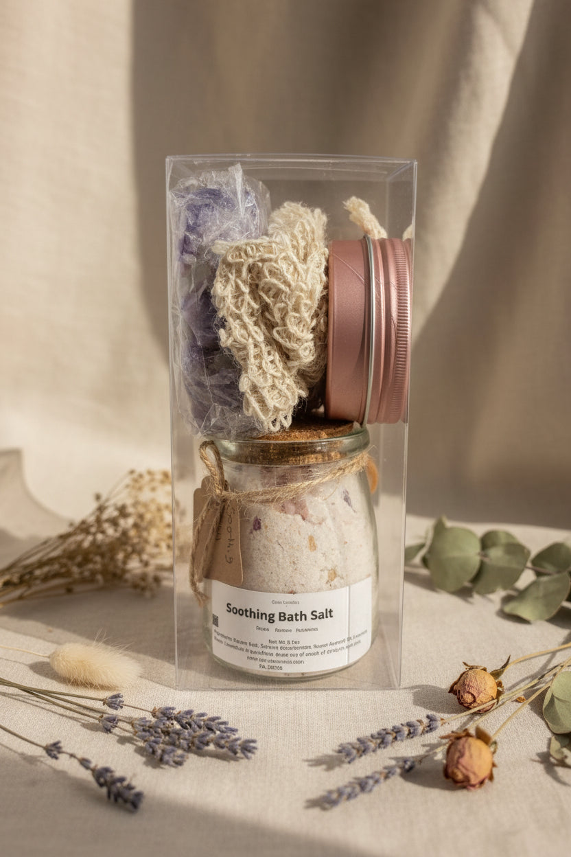 Soak, Scrub & Soothe Foot Spa Bundle – Foot Balm, Bath Salts, Soap Bar & FREE Exfoliating Sponge
