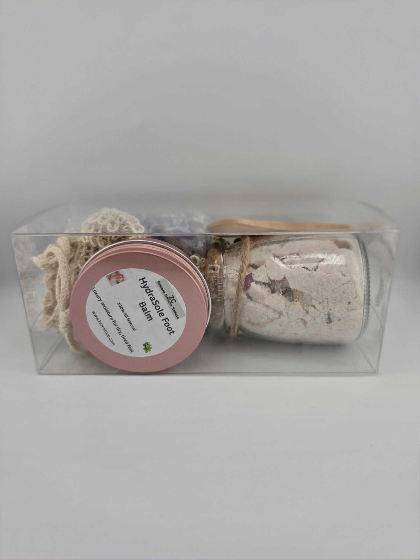 Soak, Scrub & Soothe Foot Spa Bundle – Foot Balm, Bath Salts, Soap Bar & FREE Exfoliating Sponge