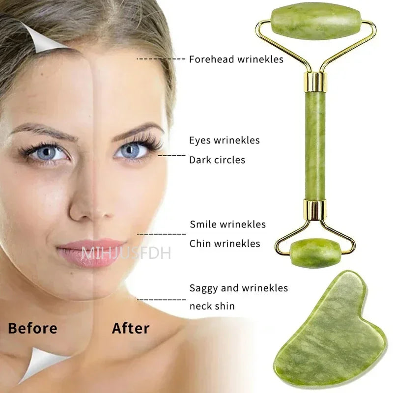 Natural Jade Roller & Gua Sha Set – Double-Ended Facial Massager